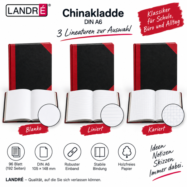 LANDRÉ Chinakladde A6, 96 Blatt – verschiedene Lineaturen