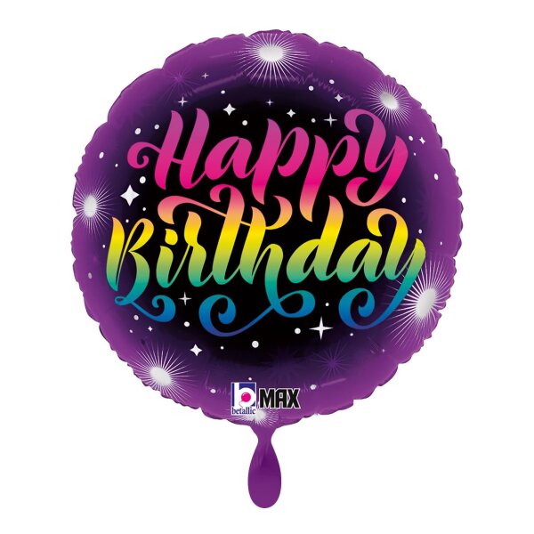 GRABO Folienballon Happy Birthday Neon, rund 46 cm – Schwarz/Bunt