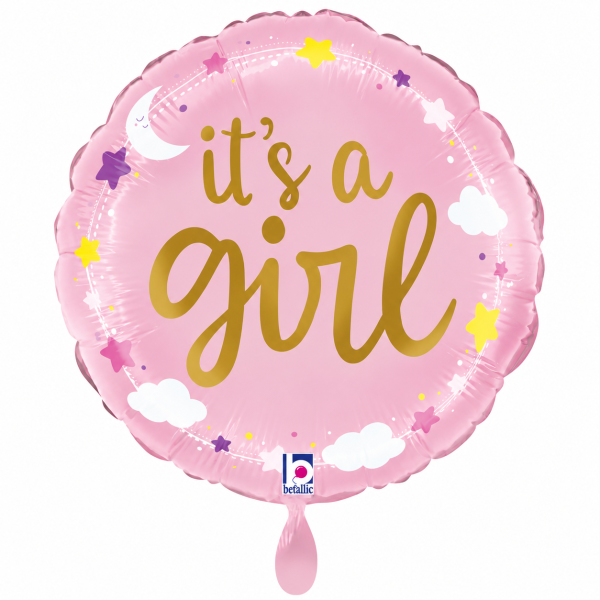 GRABO Folienballon It’s a Girl, rund 46 cm – Rosa mit Wolken & Sternen