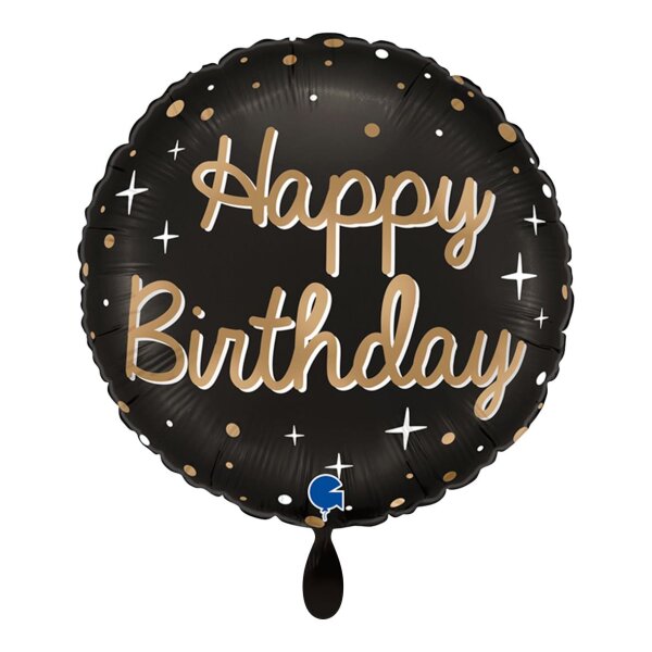 GRABO Folienballon Sparkling Happy Birthday, rund 46 cm – Schwarz/Gold