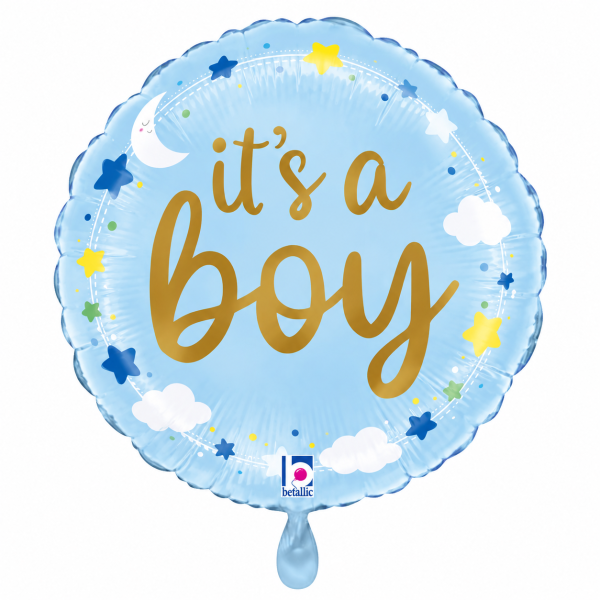 GRABO Folienballon It’s a Boy, rund 46 cm – Hellblau mit Wolken & Sternen