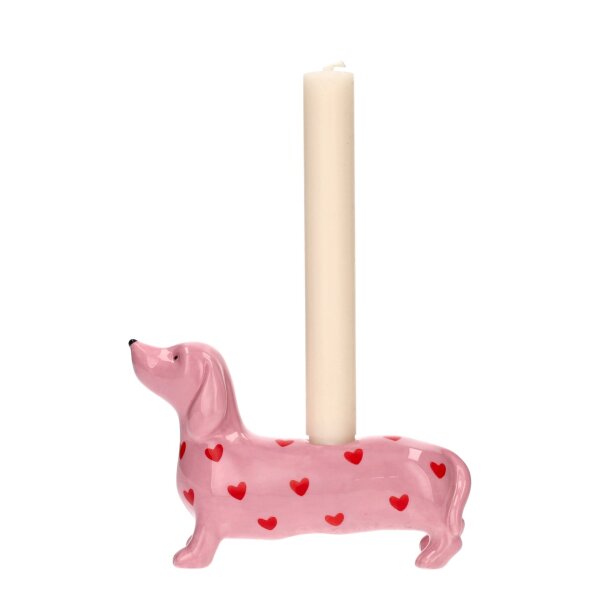 GIFT COMPANY Mignon Kerzenhalter Dackel mit Herzen 17 cm &ndash; Rosa/Rot