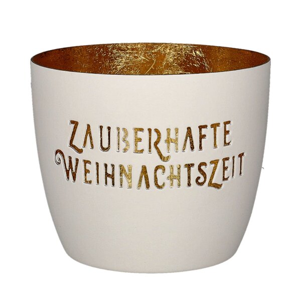GIFT COMPANY Madras Windlicht M &bdquo;Zauberhafte Weihnachtszeit&ldquo; &Oslash; 10 cm &ndash; Wei&szlig;/Gold