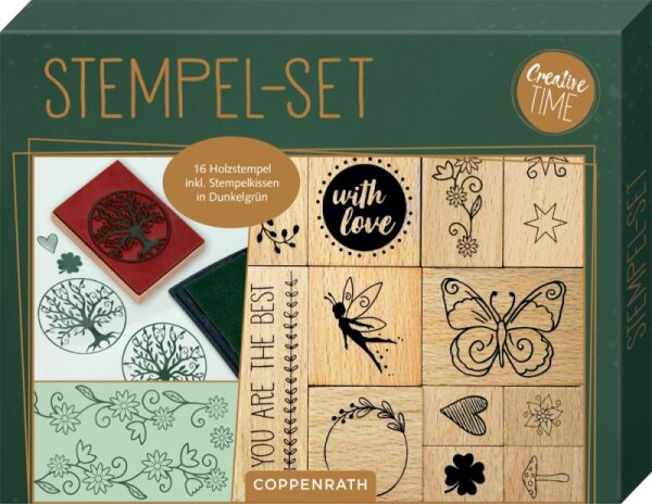 Coppenrath Creative Time Holzstempel-Set &ndash; 16 Stempel & Stempelkissen Dunkelgr&uuml;n